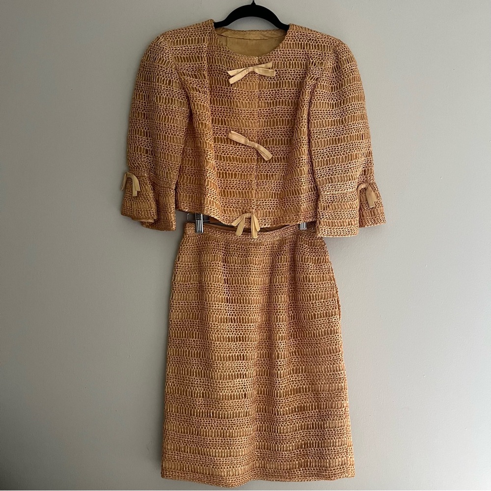 Vintage Anne Rubin 70s Raffia Woven Skirt And Blazer Set Rare Made In France
